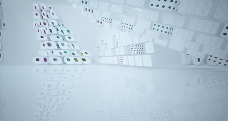 Abstract white and colored gradient glasses interior multilevel public space with window. 3D illustration and rendering.