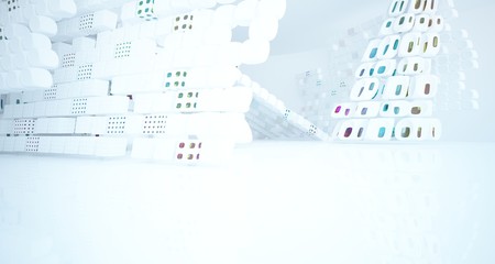 Abstract white and colored gradient glasses interior multilevel public space with window. 3D illustration and rendering.