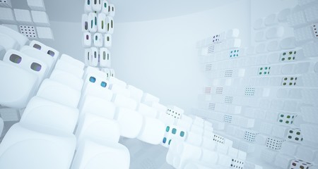 Abstract white and colored gradient glasses interior multilevel public space with window. 3D illustration and rendering.