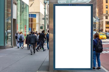 Foto op Plexiglas Blank billboard at bus stop for advertising, New York city buildings and street background © Rawf8