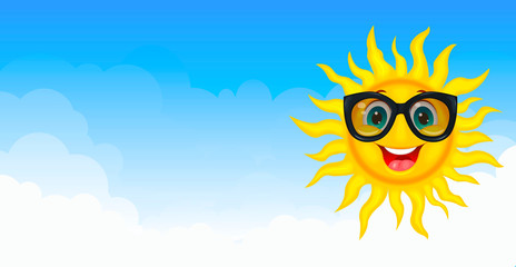Joyful sun in the blue sky. Sun in sunglasses. A merry cartoon sun in protective glasses from the sun. A cheerful cartoon sun on a white background