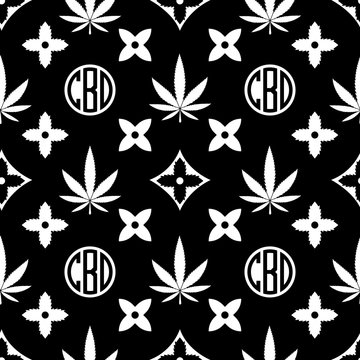 Marijuana seamless pattern. White on black Weed vector wallpaper. Cannabis leaf. Tile background. Vector illustration. For web, packaging, wrapping, fashion, decor, surface, graphic design