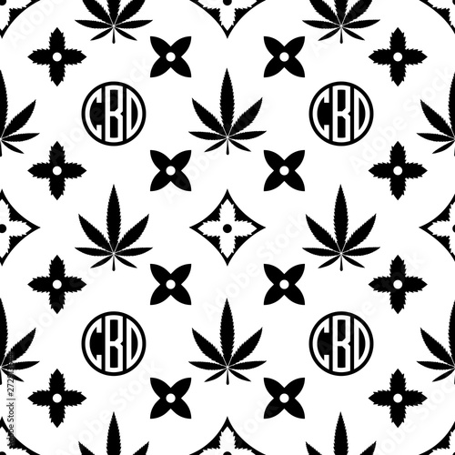 Marijuana Seamless Pattern Black On White Weed Vector