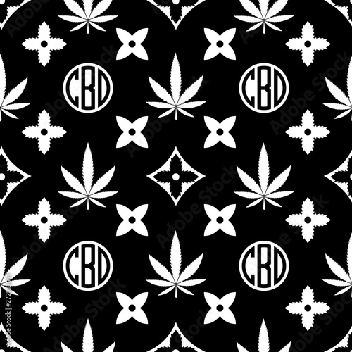 Marijuana Seamless Pattern White On Black Weed Vector