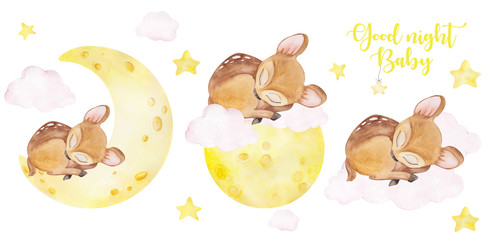 watercolor cute deer, sleeping on the moon, with clouds and ster, hand draw illustration isolated on white background © марина васильева