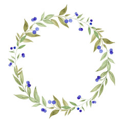 Fototapeta na wymiar Wreath with watercolor leaves, flowers and branches, hand draw element isolated on white background
