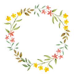 Obraz na płótnie Canvas Wreath with watercolor leaves, flowers and branches, hand draw element isolated on white background