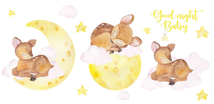 watercolor cute deer, sleeping on the moon, with clouds and ster, hand draw illustration isolated on white background