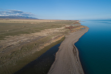 aerial view of the shoreline of the lake