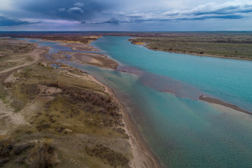 aerial view of the shoreline of the lake