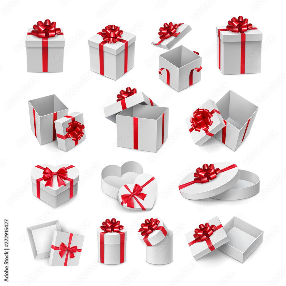 Wall mural Various cardboard boxes with red ribbon bows mockup. Valentine day romantic gift box with red glossy tape decor. Many realistic containers isolated on white background vector illustration