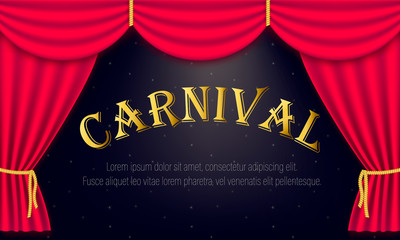 Carnival template with realistic red silk curtains drapery. Festive concept with salute. Vector illustration for design with gold text of carnival party, sale, greeting card