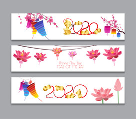 Horizontal Banners Set with Hand Drawn. Year of the Rat