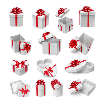 Various cardboard boxes with red ribbon bows mockup. Valentine day romantic gift box with red glossy tape decor. Many realistic containers isolated on white background vector illustration