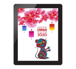 Chinese new year with sakura blossom on tablet. Year of the rat