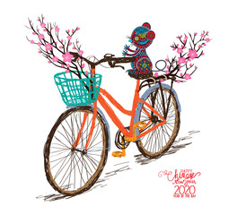 Fototapeta na wymiar Chinese new year. Hand drawn tintage bicycle with sakura blossom in rear basket. Year of the rat