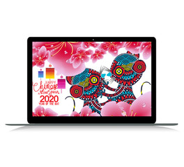 Chinese new year with sakura blossom on laptop. Year of the rat