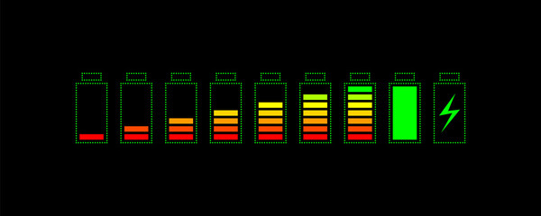 Battery icons set on black background.