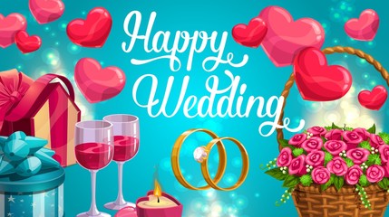 Wedding day greeting card, hearts symbols of love