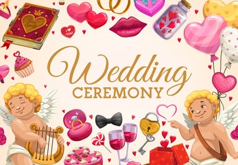 Invitation on wedding ceremony. Cupids, love signs