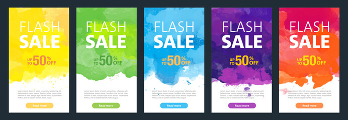 Watercolor background sale mobile banners design template set for social media marketing