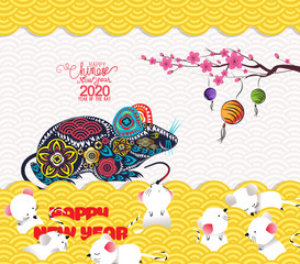 2020 chinese new year greeting card with traditionlal pattern border. Year of rat