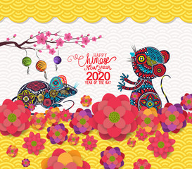 2020 chinese new year greeting card with traditionlal blooming border. Year of rat