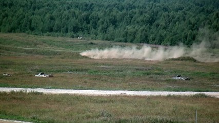 Military tracked tank war machine at exercises. Concept technology and power in military industry. Forum army 2017 Polygon Alabino.