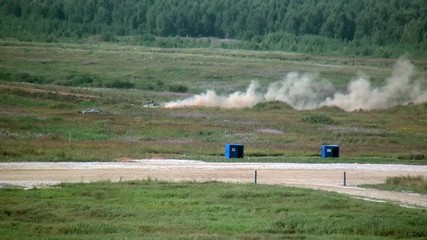 Military tracked tank war machine at exercises. Concept technology and power in military industry. Forum army 2017 Polygon Alabino.