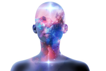 silhouette of virtual human with aura chakras on space nebula 3d illustration