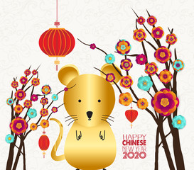 Happy new year 2020 zodiac rat. Lunar new year tree with blossom