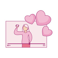 woman taking selfie with smartphone and hearts