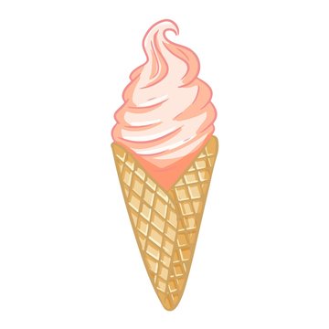 Pink ice cream in waffle cone. Cute cartoon style hand drawn isolated image