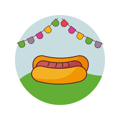 hot dog fast food with garlands in frame circular