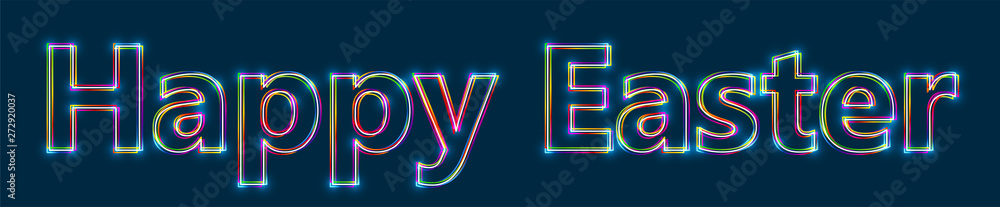 Poster happy easter - colorful multi-layered outline text with glowing light effect on blue background.