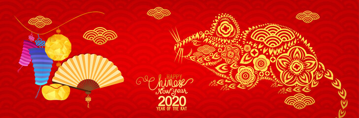 Happy new year 2020, chinese new year greetings card. Year of rat