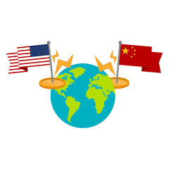 Fototapeta premium Earth globe with waving flags of United States and China. Trade war concept - Vector