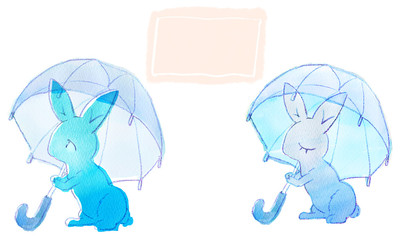 傘を持った青いうさぎイラスト(手描き水彩)  Blue rabbit with an umbrella(Hand-painted watercolor)