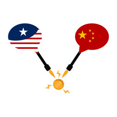 Bubble chat with flags of United States and China with with a war cannon. Trade war concept. - Vector