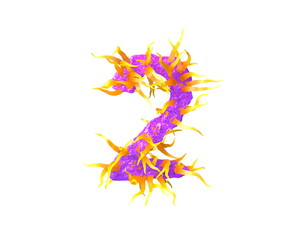 cosmic tentacles alphabet - number 2 isolated on white made of purple slime and yellow tentacles - space invaders concept, 3D illustration of symbols