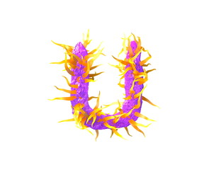 monstrous tentacles font - letter U isolated on white made of purple jelly and orange tentacles - cosmic invaders concept, 3D illustration of symbols
