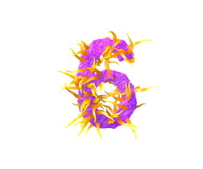 space tentacles font - number 6 isolated on white made of pink slime and yellow tentacles - cosmic invaders concept, 3D illustration of symbols
