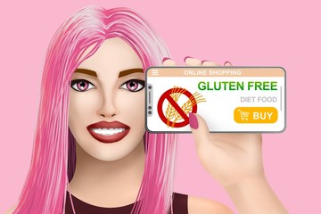 Concept gluten free diet food. Drawn beautiful girl on vivid background. Illustration