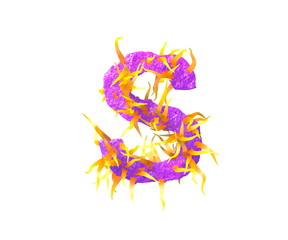 letter S isolated on white made of purple alien flesh and orange tentacles - space alphabet for space invaders concept, 3D illustration of symbols