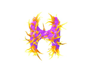 letter H isolated on white made of purple slime and yellow tentacles - alien font for cosmic invaders concept, 3D illustration of symbols