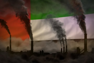 Dark pollution, fight against climate change concept - factory chimneys heavy smoke on United Arab Emirates flag background - industrial 3D illustration