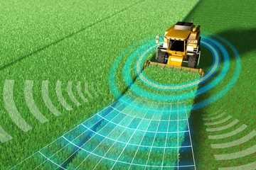 Industrial 3D illustration of Self driving, unmanned, autonomous rye harvester working in field - agriculture equipment future concept