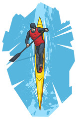 Vector illustration of a man rowing on canoe, kayak. Beautiful canoeing, kayaking poster. Water, sea or river sports