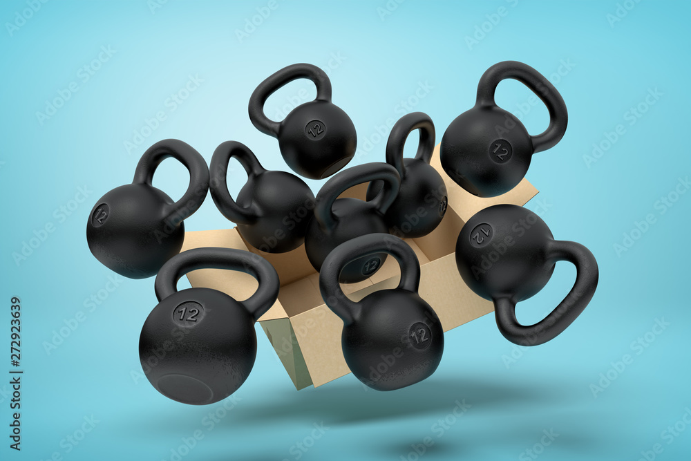 Poster 3d rendering of cardboard box in air full of several black kettlebells which are flying out and floa