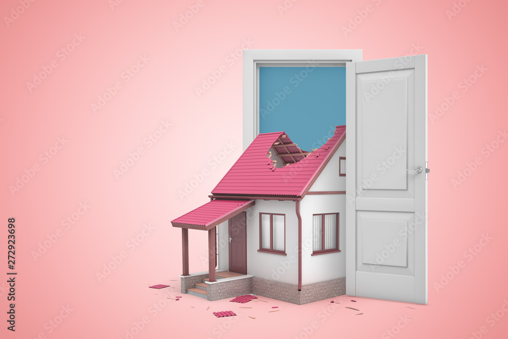 Poster 3d rendering of open door on pink gradient copyspace background and little house with big hole in ro